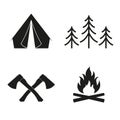 Camp icon set. Camping sign collection with tourist tent, campfire, axe and forest or trees. Vector illustration Royalty Free Stock Photo
